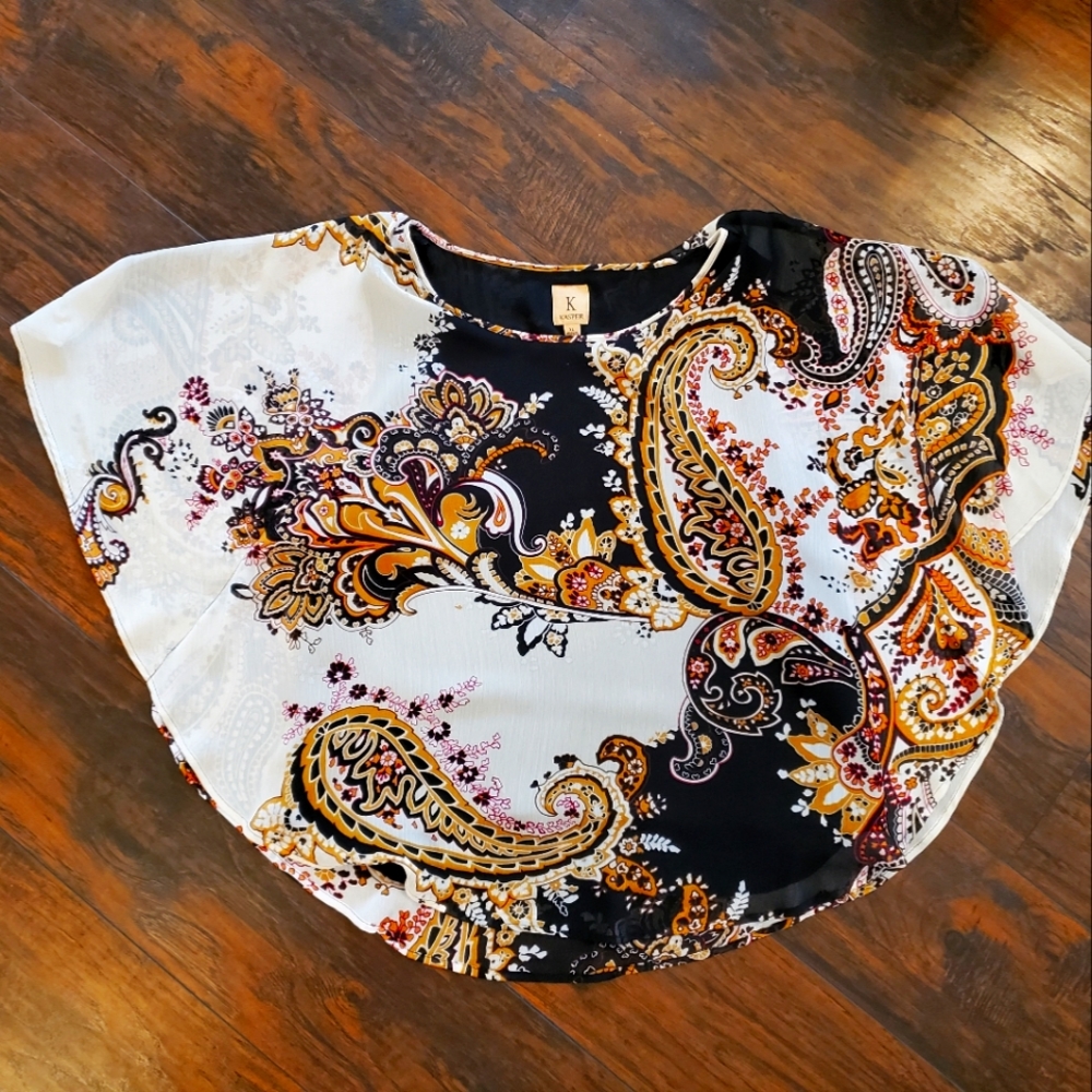 KASPER Elegant Lightweight Black & Gold Poncho Style Top Size XL